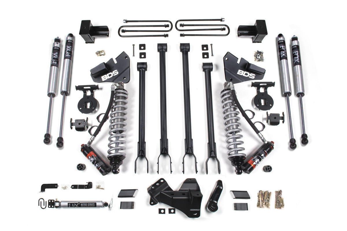 4 Inch Lift Kit 4-Link Conversion Ford F250/F350 Super Duty 17-19 4WD Diesel 5 Inch Block 2 Leaf Main - Fox 2.5 Performance Elite Coilovers + Fox 2.0 Performance Rear Shocks