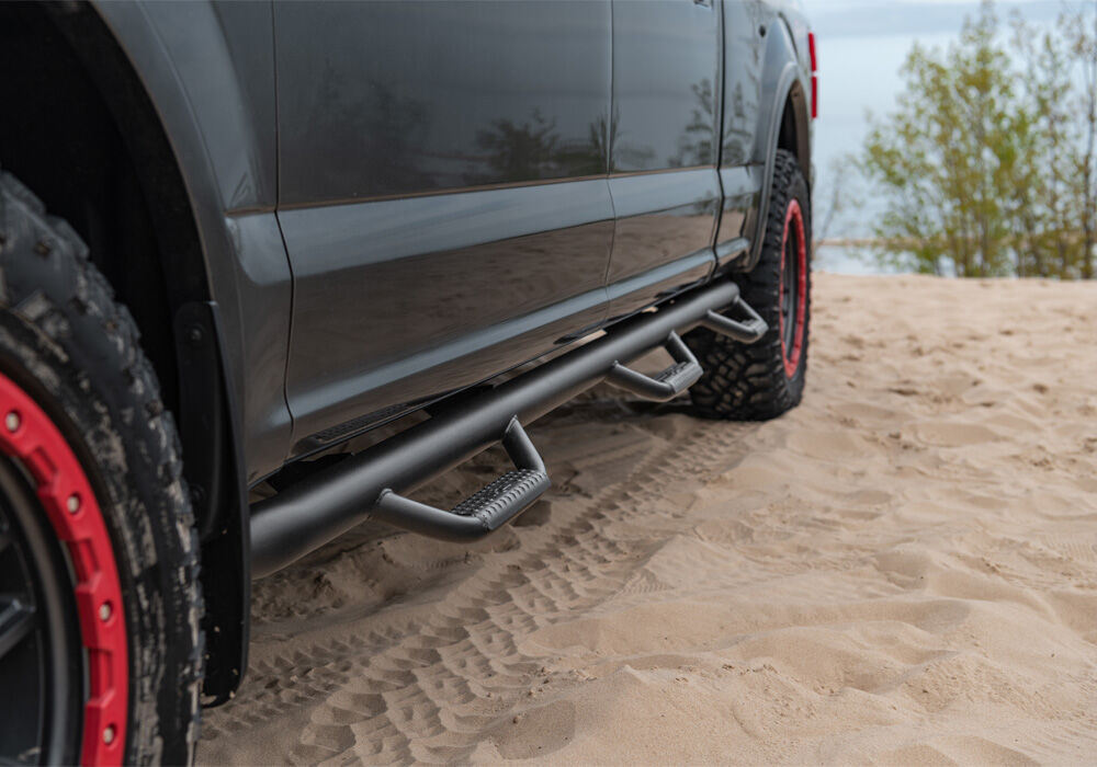 Nerf Step Bar Wheel-to-Wheel with Bed Access (3 Steps per Side) 3 Inch Main Tube Diameter 2017-2026 Ford F-350/F-450/F-550 8 Foot Bed Crew Cab with Dual Rear Wheels Textured Black NFab
