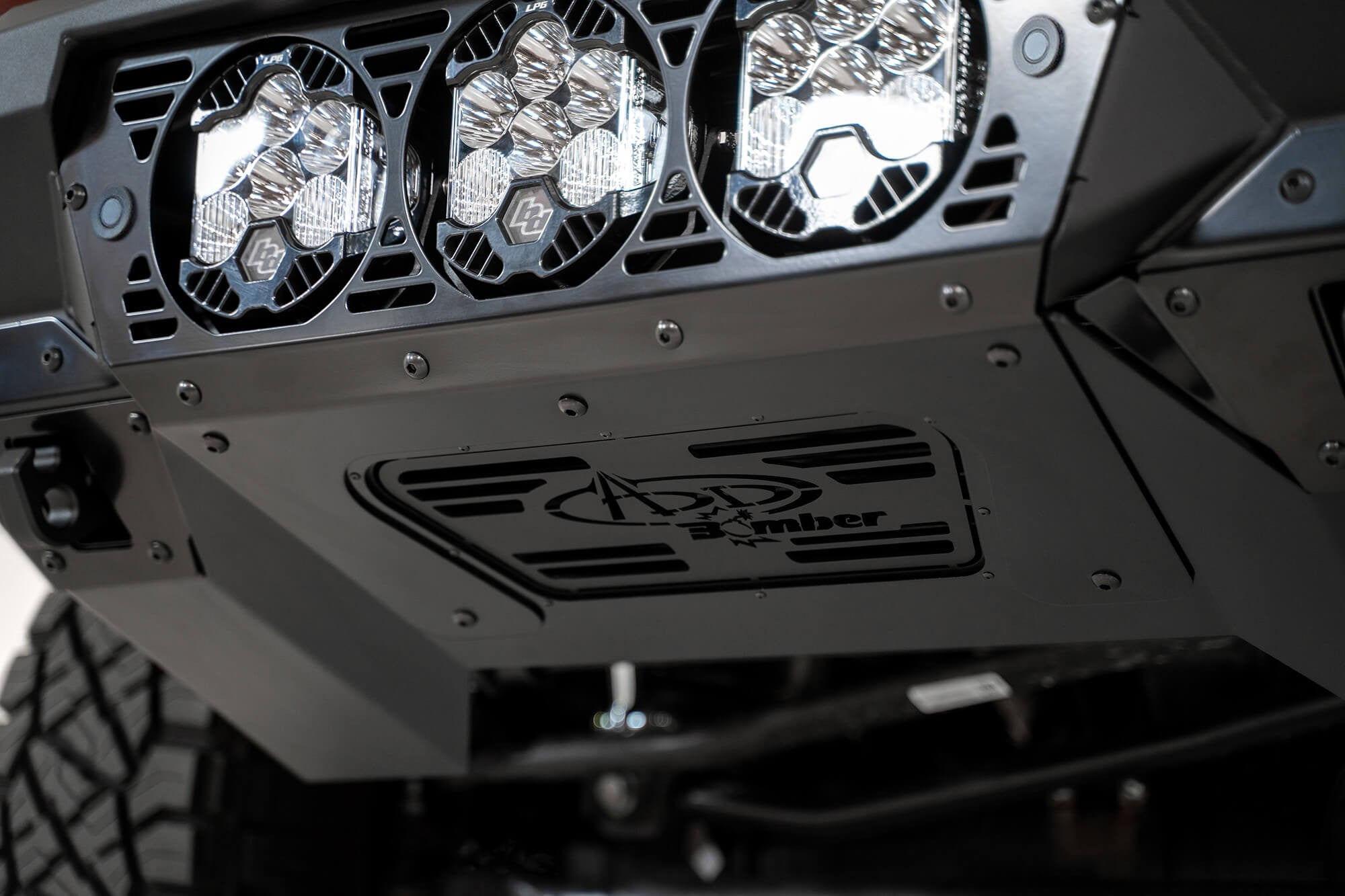 2019-2025 RAM 2500 3500 Bomber Front Bumper Mounts for three Baja Design's LP6 round lights Addictive Desert Designs