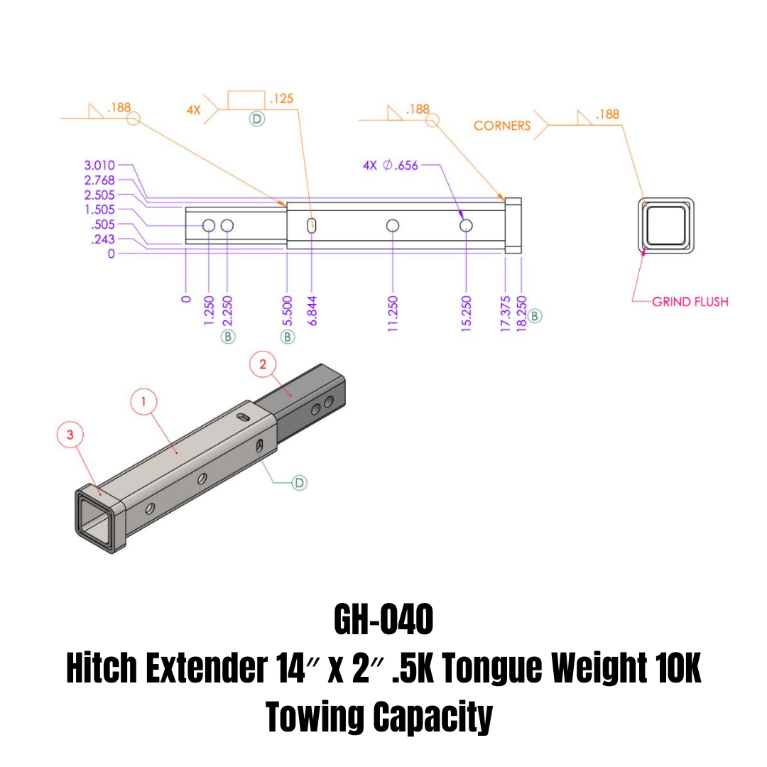 GEN-Y Hitch Hitch Extender 14" x 2" .5K TW 10K Towing