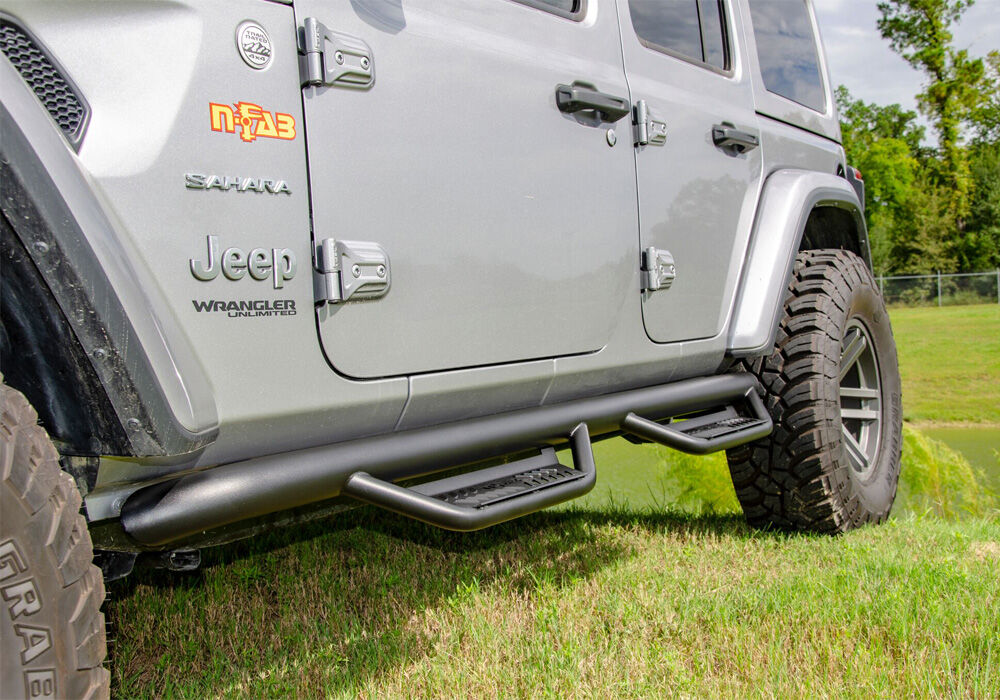 Podium Step LG Wheel-to-Wheel (2 Steps per Side) 3 Inch Main Tube Diameter 2020-2025 Jeep Gladiator JT 4-Door Textured Black NFab