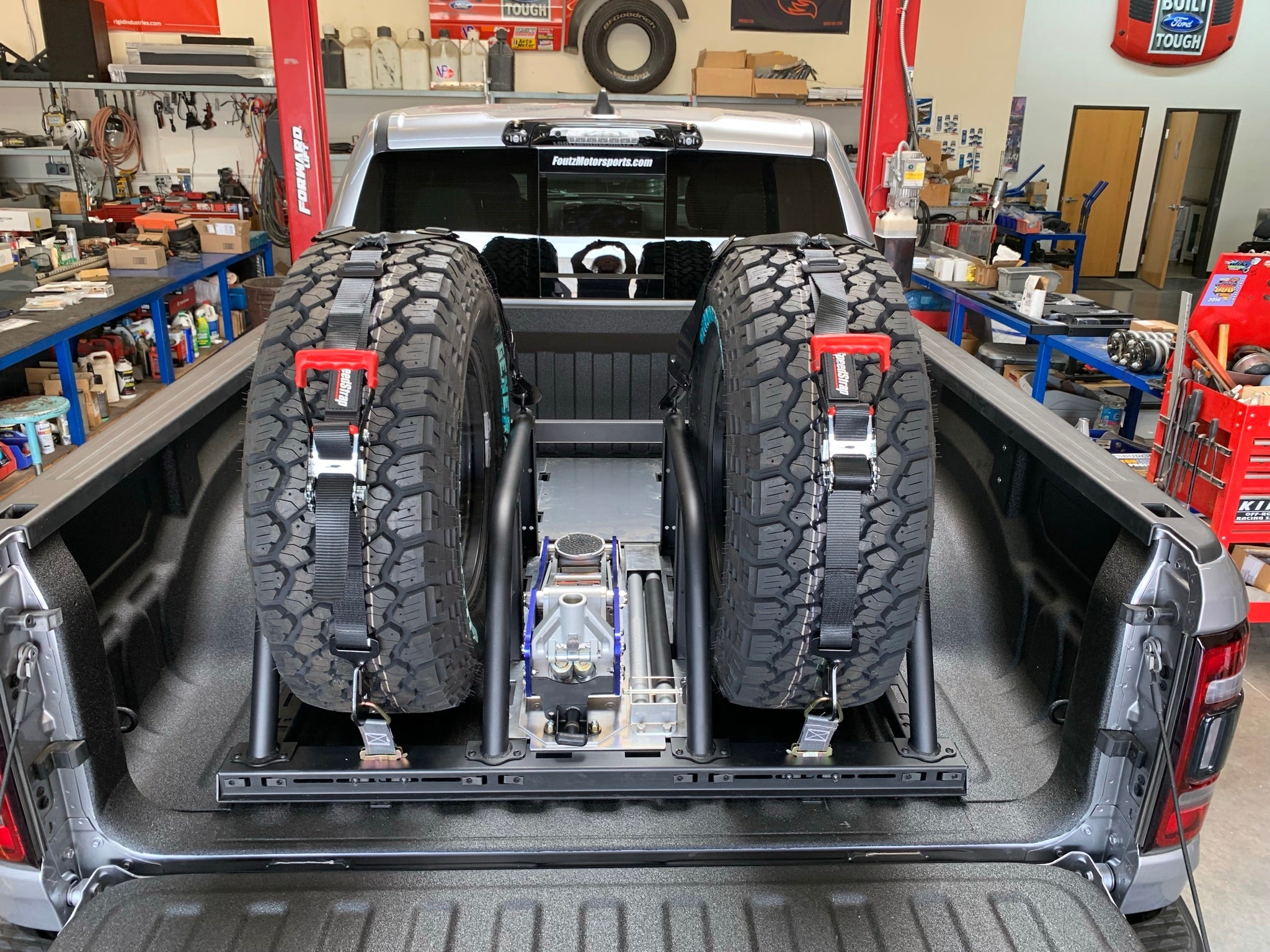 Foutz Motorsports Dual Tire Carrier Quick Release Modular Bed Organizer
