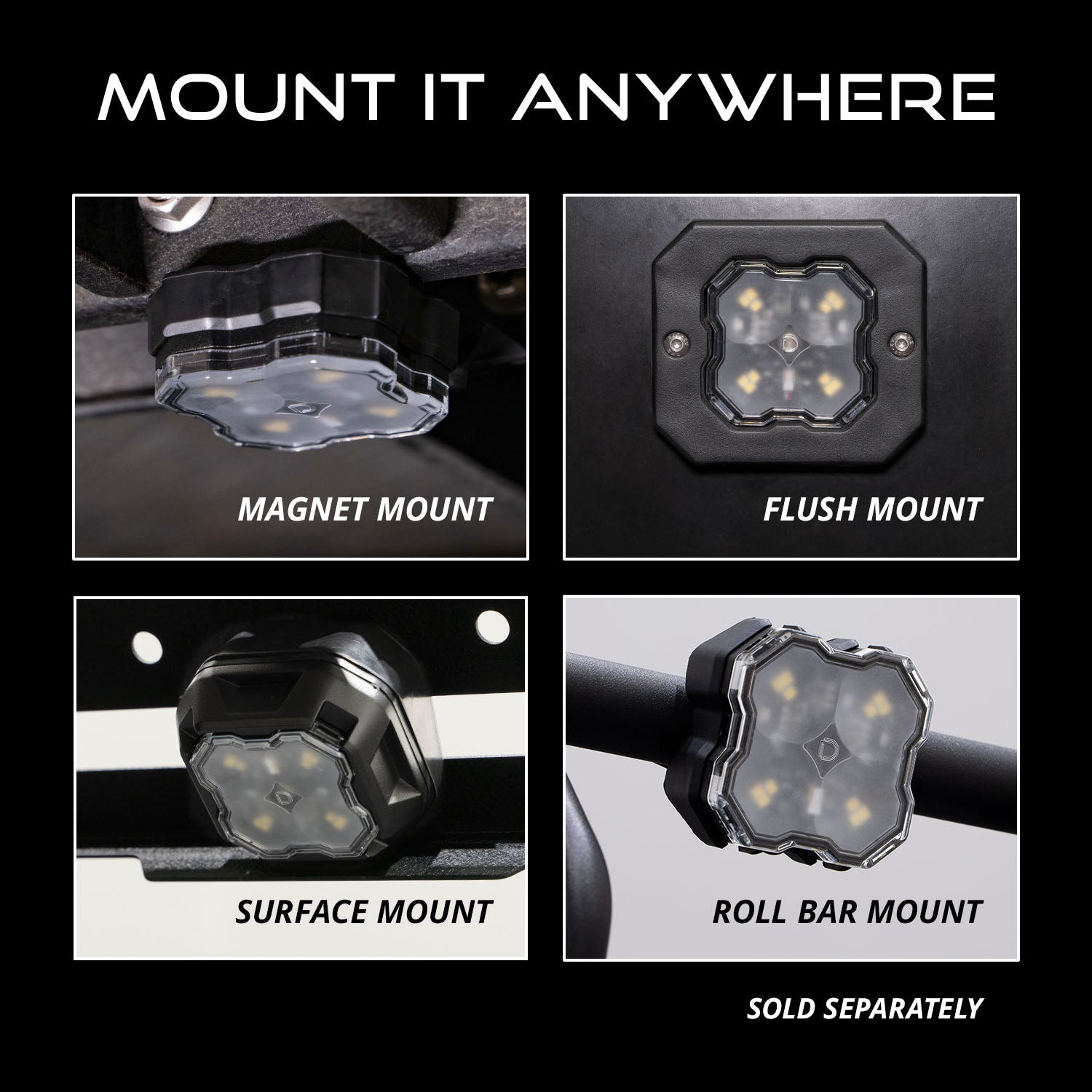 Diode Dynamics Stage Series SXS Rock Light Installed Kit White Diffused M8 (4-pack)