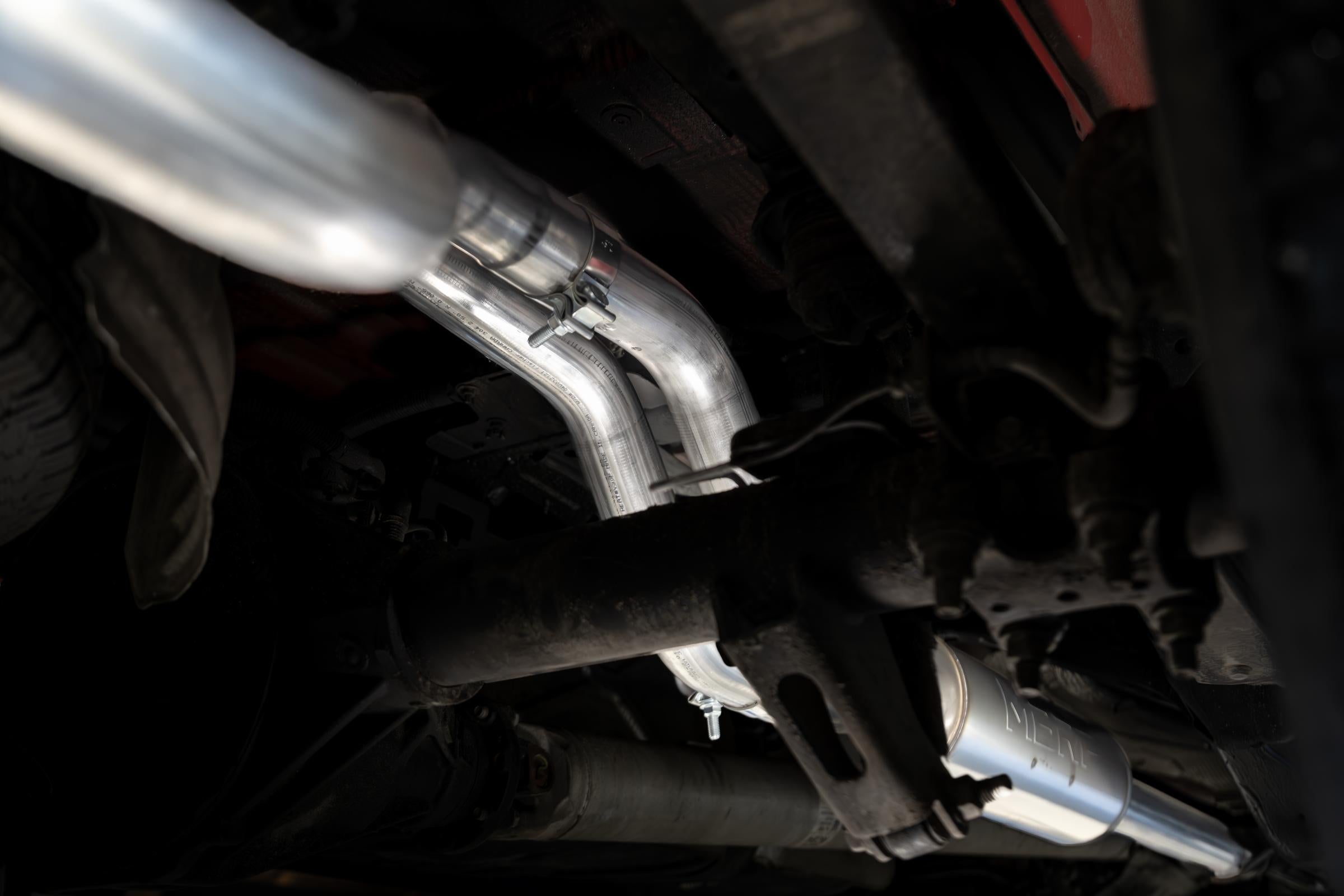 2019-Up Silverado/Sierra 1500 2.7L Armor BLK, Aluminized Steel 3 Inch Cat-Back, 2.5 Inch Dual Split Rear Exit MBRP