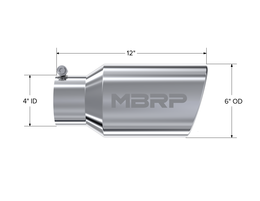 Exhaust Tail Pipe Tip 6 Inch O.D. Angled Rolled End 4 Inch Inlet 12 Inch Length T304 Stainless Steel MBRP