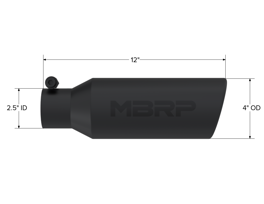 4 Inch OD 2.5 Inch Inlet 12 Inch Length Exhaust Tail Pipe Tip Angled Cut Rolled End Clampless-No Weld Black Coated MBRP
