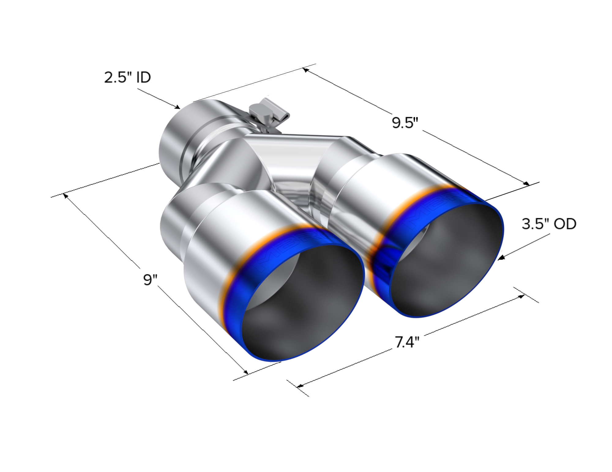 T304 Stainless Steel Burnt End Tip 2.5 Inch ID Dual 3.5 Inch OD Out 9.5 Inch Length Single Wall MBRP