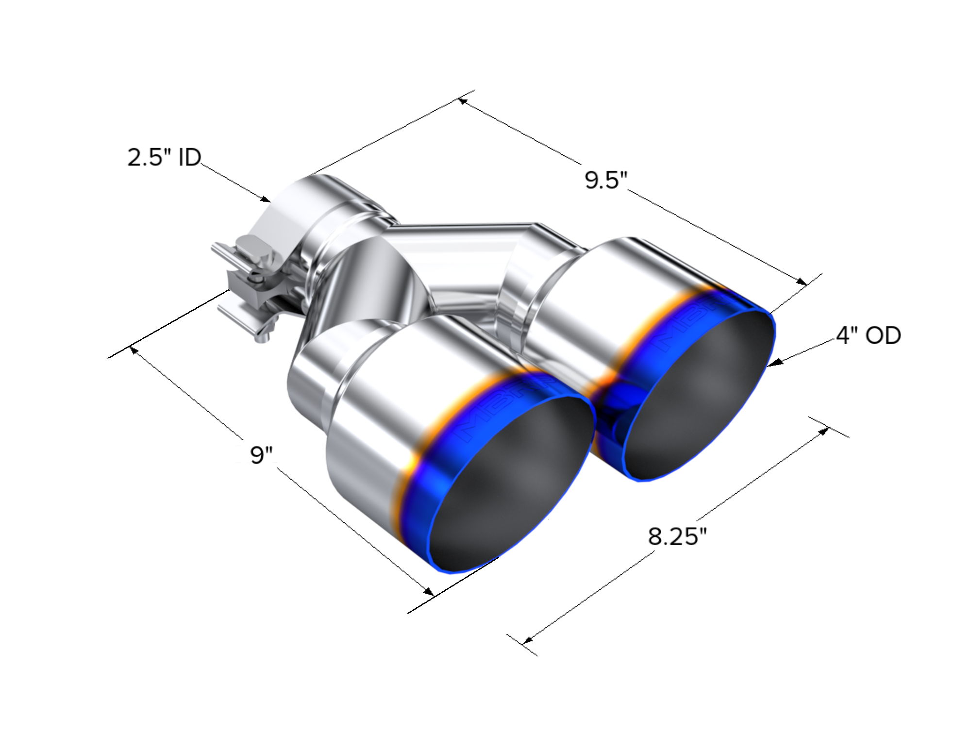 T304 Stainless Steel Burnt End Tip Pro Series 2.5 Inch ID Dual 4 Inch OD Out 9.55 Inch Length Single Wall MBRP