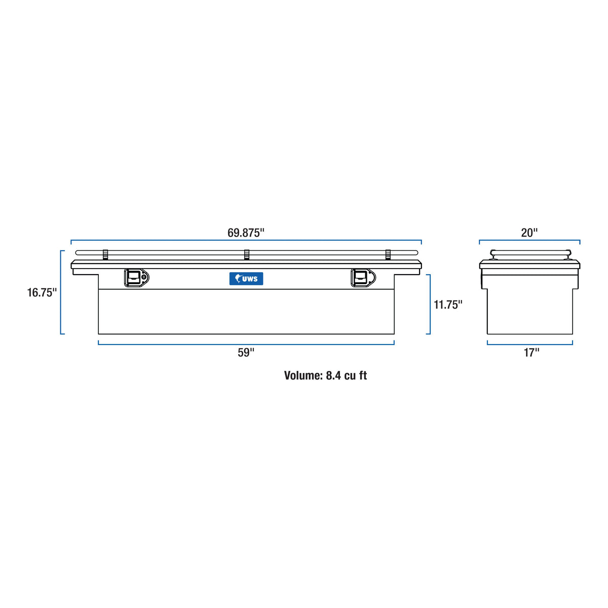UWS TBS-69-LP-R Bright Aluminum 69" Crossover Truck Tool Box with Low Profile & Rail