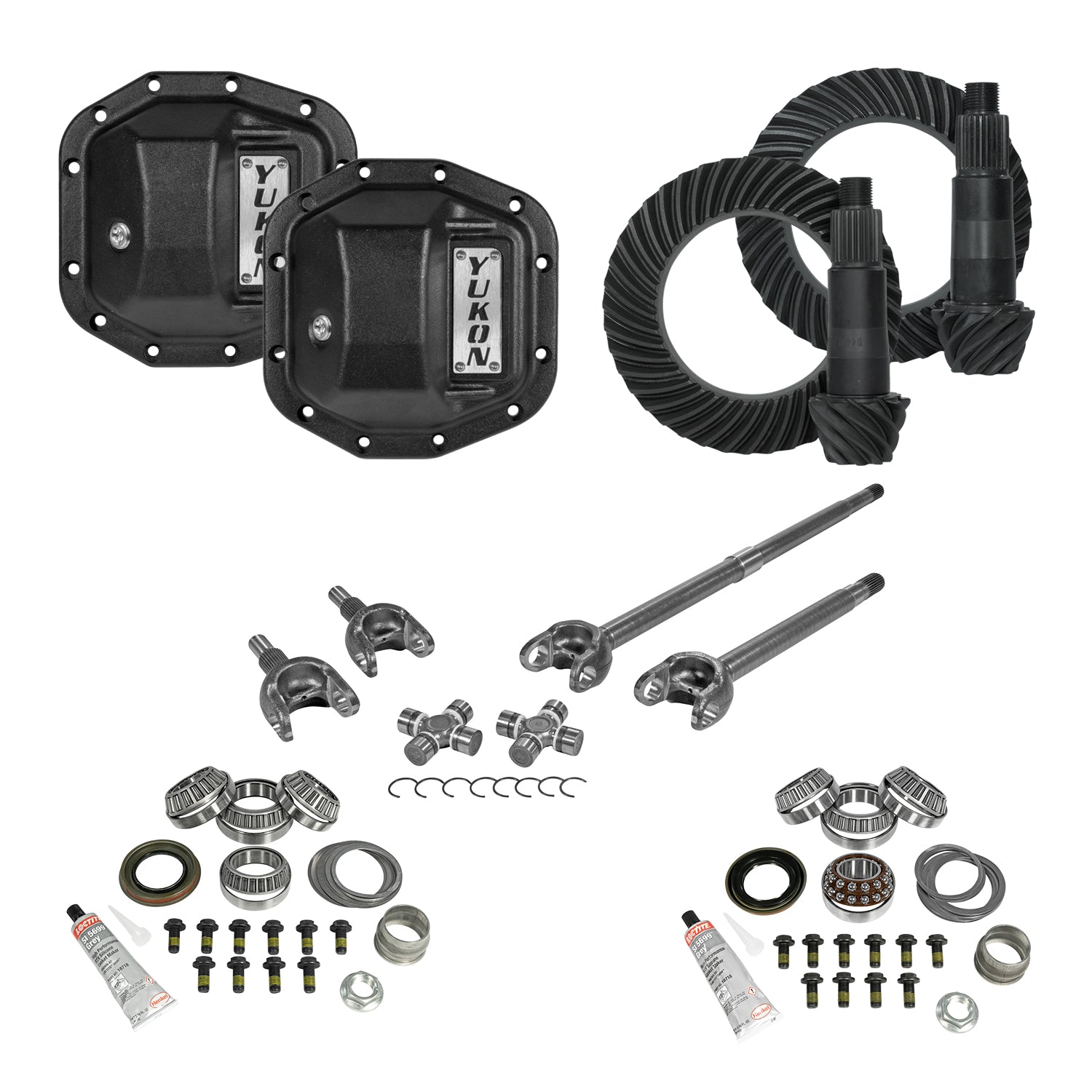 Stage 3 Jeep JL Re-Gear Kit W/Covers Front Axles Dana 30/35 3.73 Ratio JL Non-Rubicon M200 Rear/ M186 Front Stage 3 Gear Kit Package 3.73 F&R Cover & 4340 Front Axles Yukon Gear