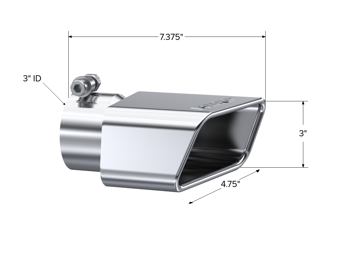 Exhaust Tip 4 3/4 Inch X 3 Inch ID Rectangle Angled Cut 3 Inch O.D. Inlet Driver Side 7 3/8 Inch Length T304 Stainless Steel - Apollo Off-Road