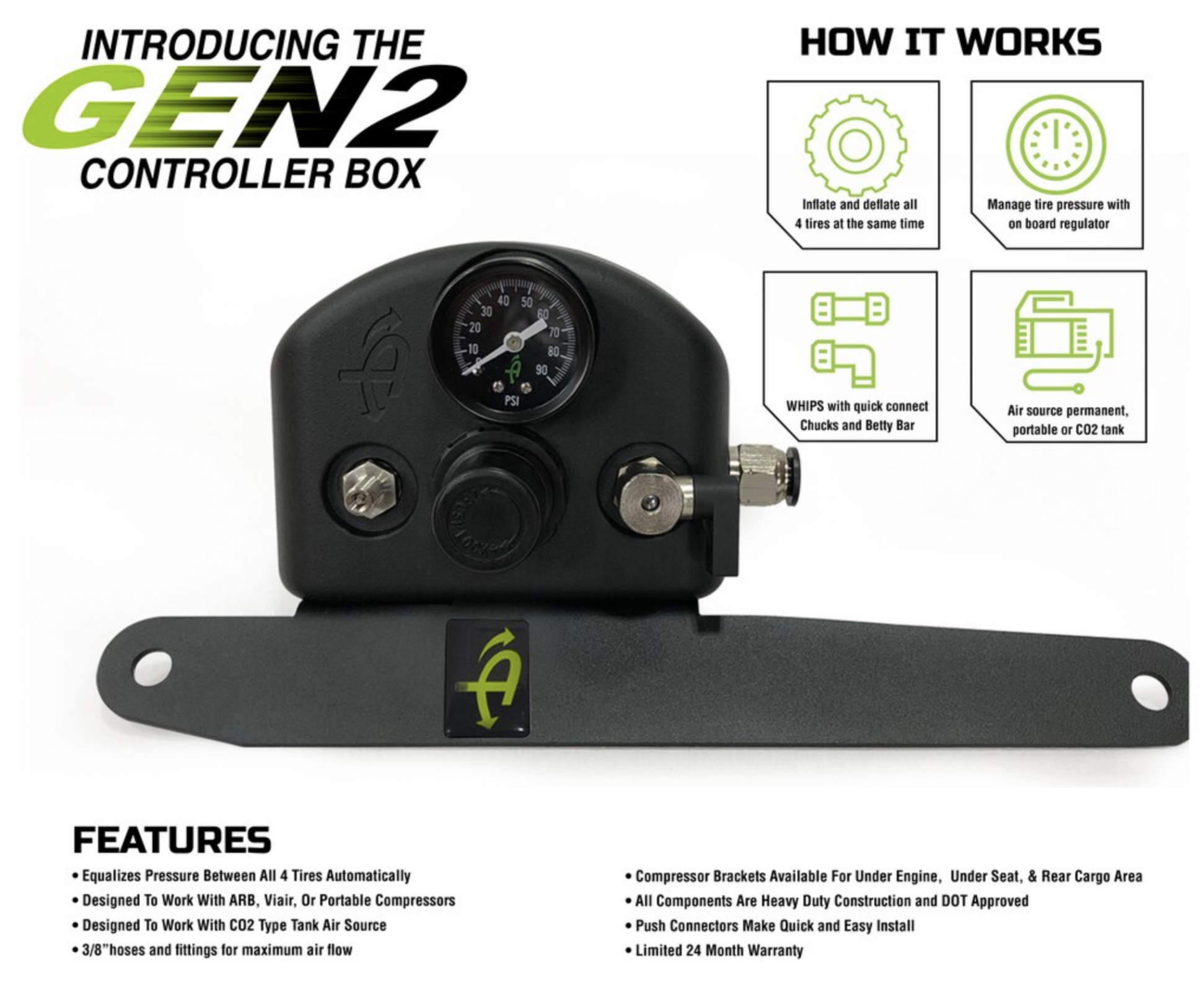 Gladiator Tire Inflator System 4 Tire For 19-20 Jeep Gladiator W/Engine Mount With Box, Fittings, Hoses and Storage Bag Black - Apollo Off-Road