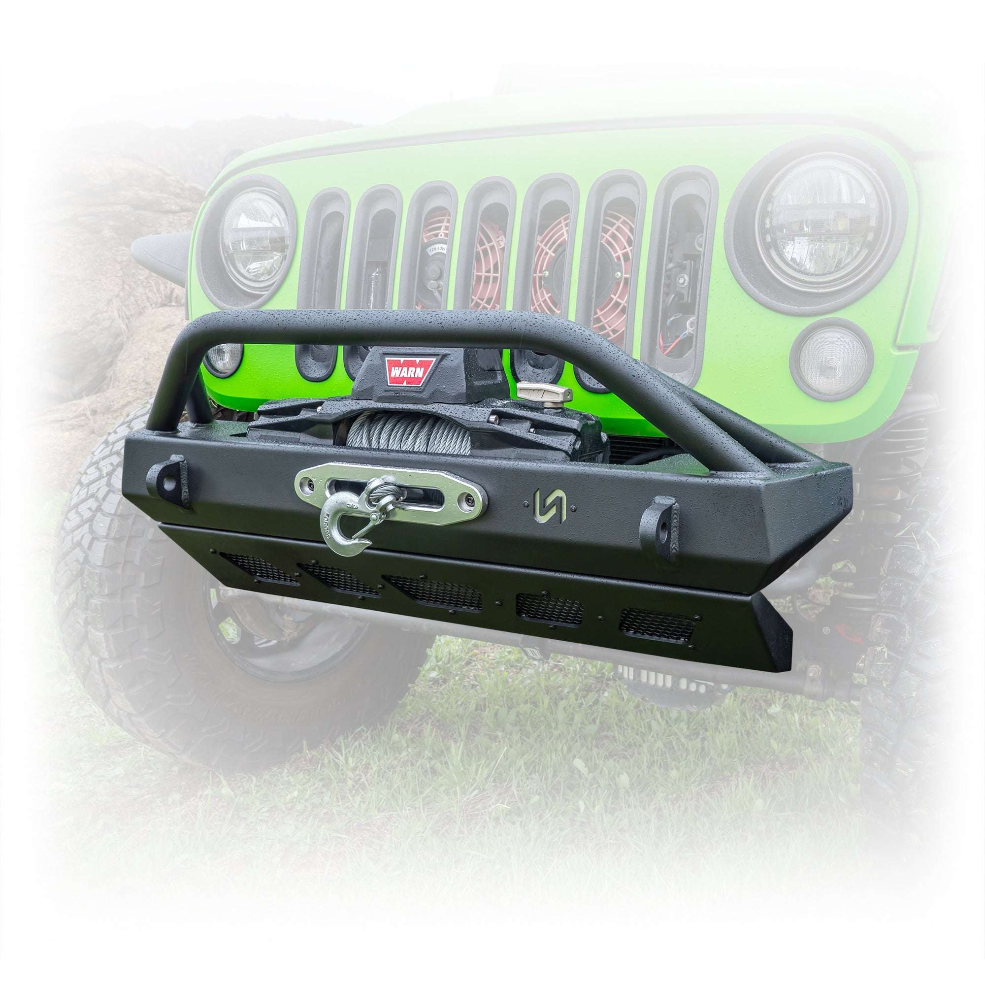 Front Bumper with Welded Bull Bar and Skid Plate for Jeep Wrangler JK, JL, and Gladiator JT