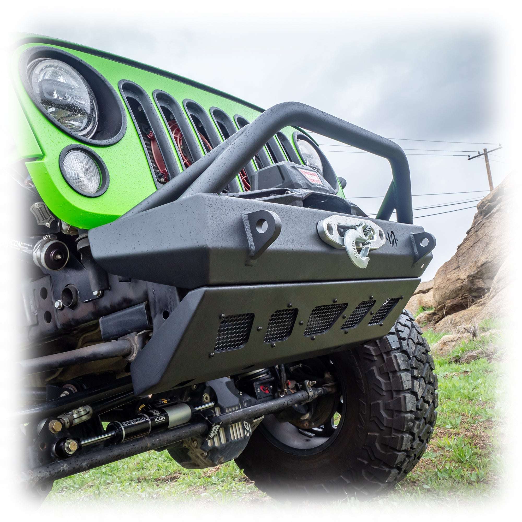 Front Bumper with Welded Bull Bar and Skid Plate for Jeep Wrangler JK, JL, and Gladiator JT