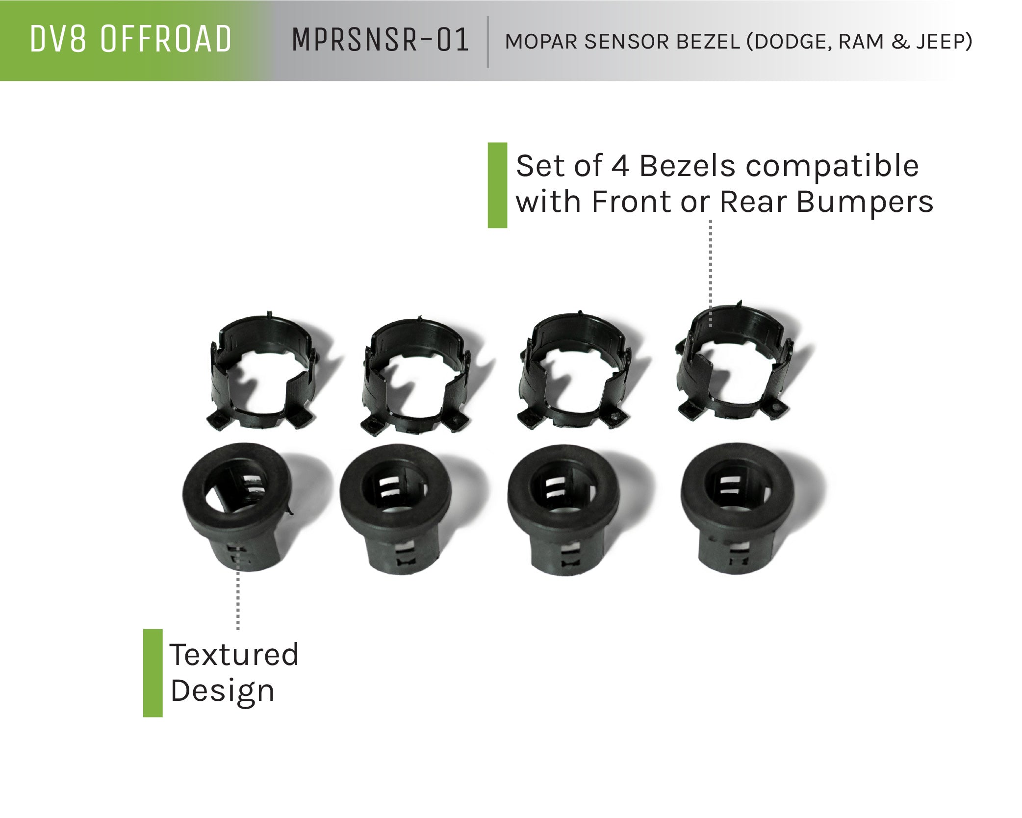 MOPAR Sensor Bezel (Dodge, RAM, Jeep), Set of 4 - Apollo Off-Road