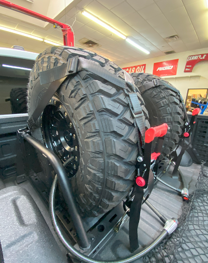 Foutz Motorsports Dual Tire Carrier Quick Release Modular Bed Organizer 2010-2014 Ford F-150 SVT Raptor 2017-2024 Ford F-150 Raptor 2023-2024 Ford F-150 Raptor R