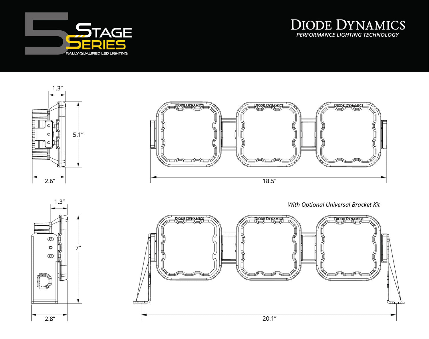 Diode Dynamics SS5 Sport Universal CrossLink 3-Pod Lightbar Yellow Combo