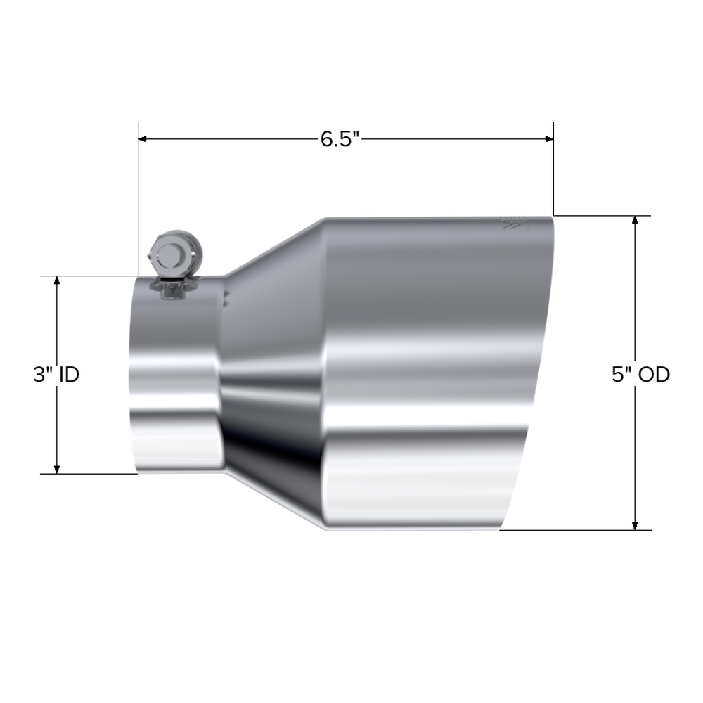 T304 Stainless Steel Tip 3 inch ID 5 inch OD Out 6.5 inch Length Angle Cut Single Wall - Apollo Off-Road