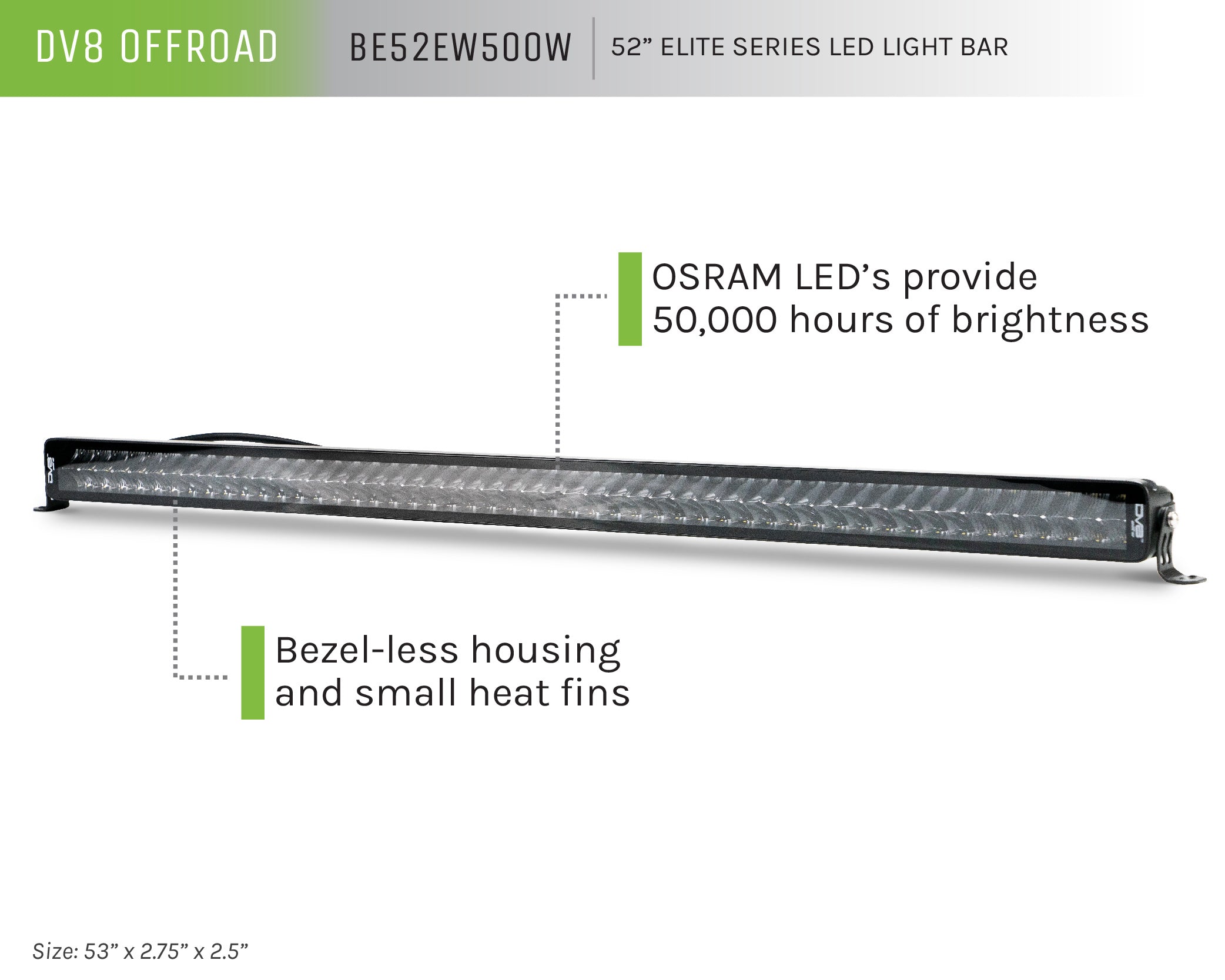 Universal 52 in. Dual Row LED Light Bar With Flood/Spot Pattern and Side Mounts - Apollo Off-Road