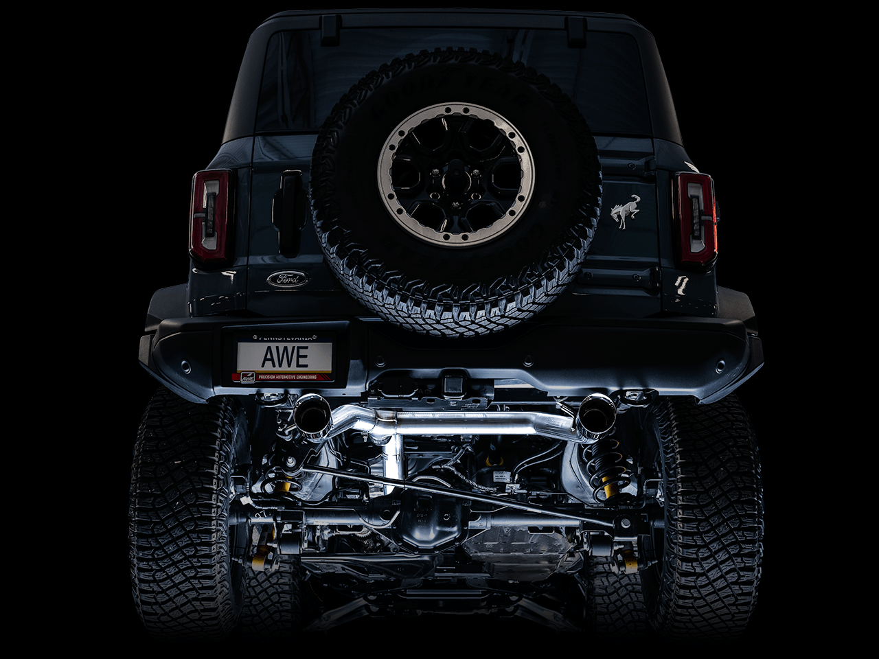 AWE 0FG Catback Exhaust for Ford Bronco with BashGuard - Dual 4.5" Diamond Black Tips - Apollo Off-Road