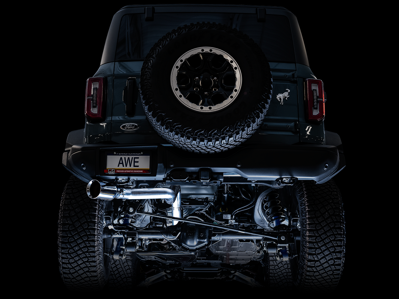 AWE 0FG Catback Exhaust for Ford Bronco with BashGuard - Single 5" Chrome Silver Tip - Apollo Off-Road