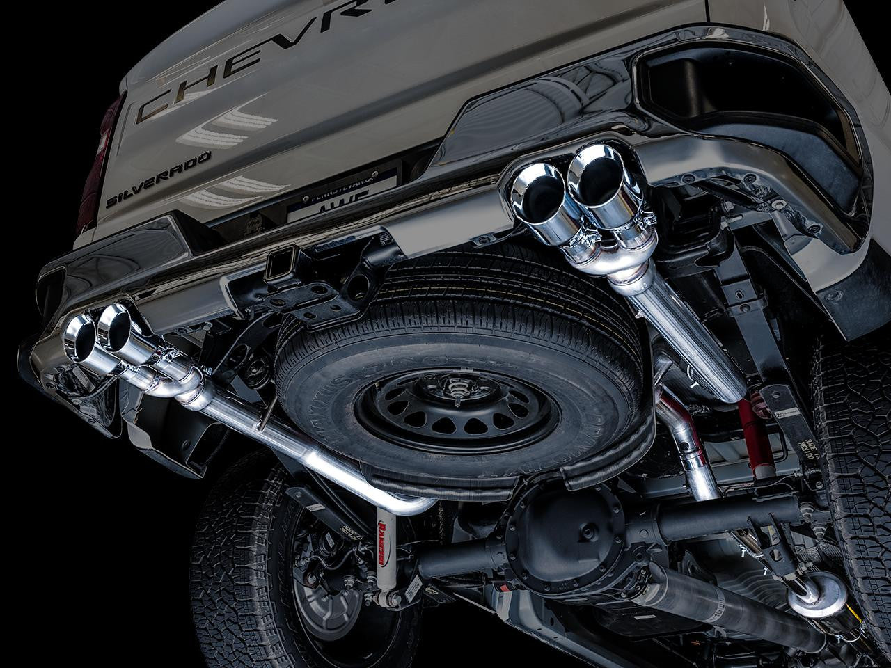 AWE 0FG Catback Split Rear Exit Exhaust for 4th Gen Silverado-Sierra 1500 5.3L (With Bumper Cutouts) - Quad Chrome Silver Tips - Apollo Off-Road
