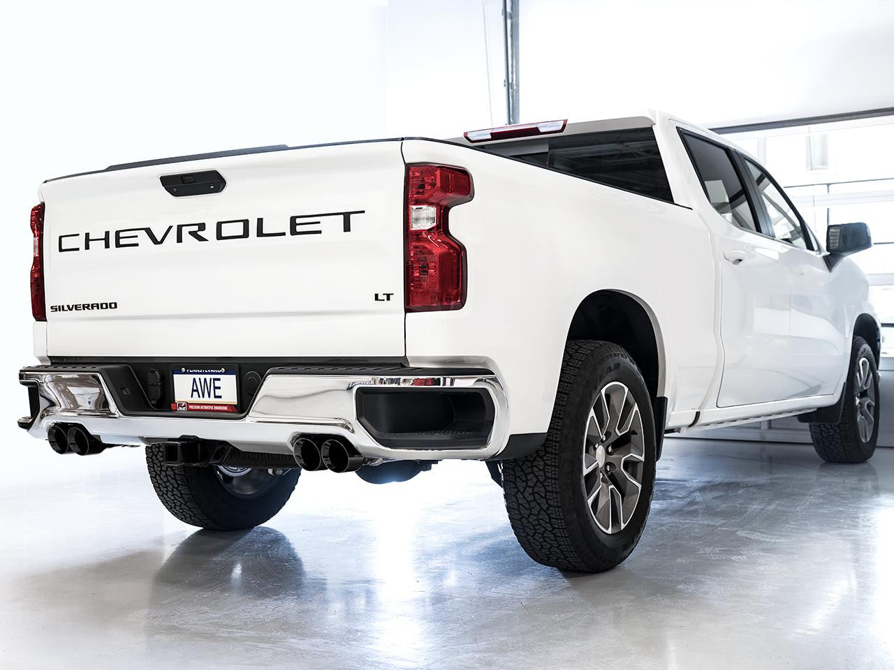 AWE 0FG Catback Split Rear Exit Exhaust for 4th Gen Silverado-Sierra 1500 5.3L (With Bumper Cutouts) - Quad Diamond Black Tips - Apollo Off-Road