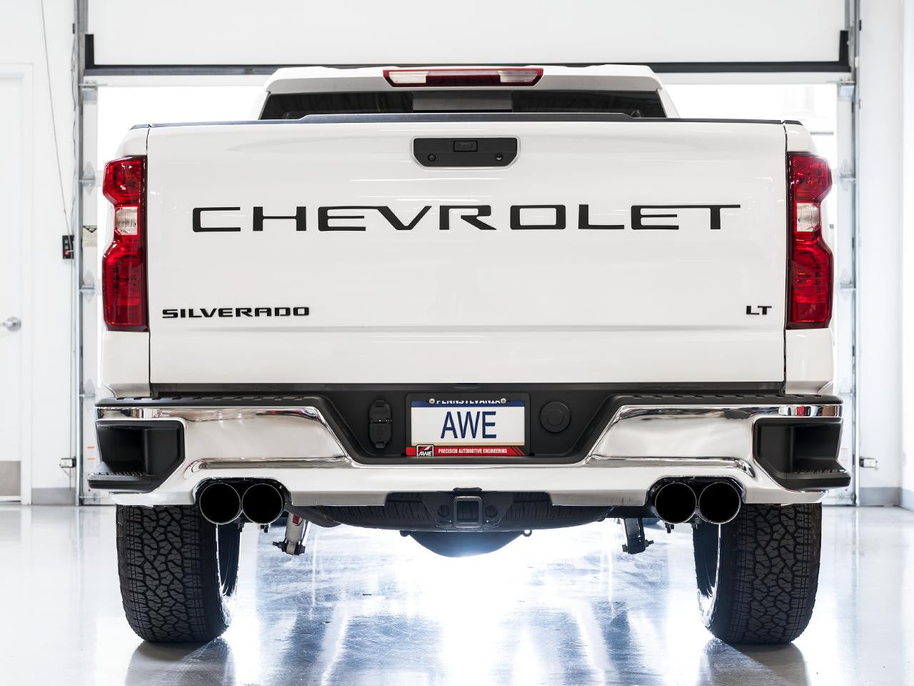 AWE 0FG Catback Split Rear Exit Exhaust for 4th Gen Silverado-Sierra 1500 5.3L (With Bumper Cutouts) - Quad Diamond Black Tips - Apollo Off-Road
