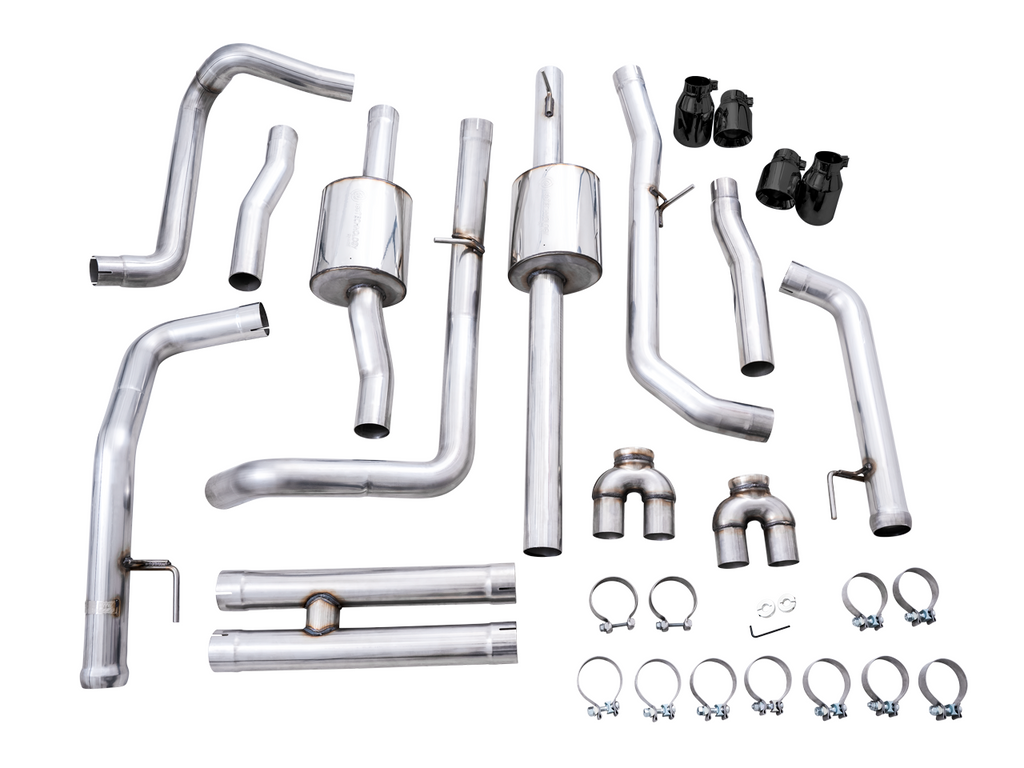 AWE 0FG Catback Split Rear Exit Exhaust for 4th Gen Silverado-Sierra 1500 6.2L (With Bumper Cutouts) - Quad Diamond Black Tips - Apollo Off-Road