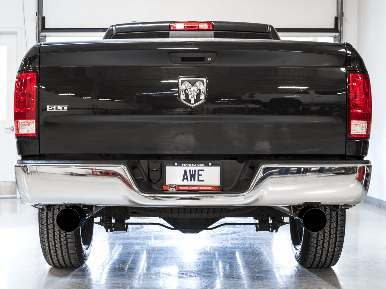 AWE 0FG Dual Rear Exit Catback Exhaust for 4th Gen RAM 1500 5.7L (Without Bumper Cutouts) - Diamond Black Tips - Apollo Off-Road