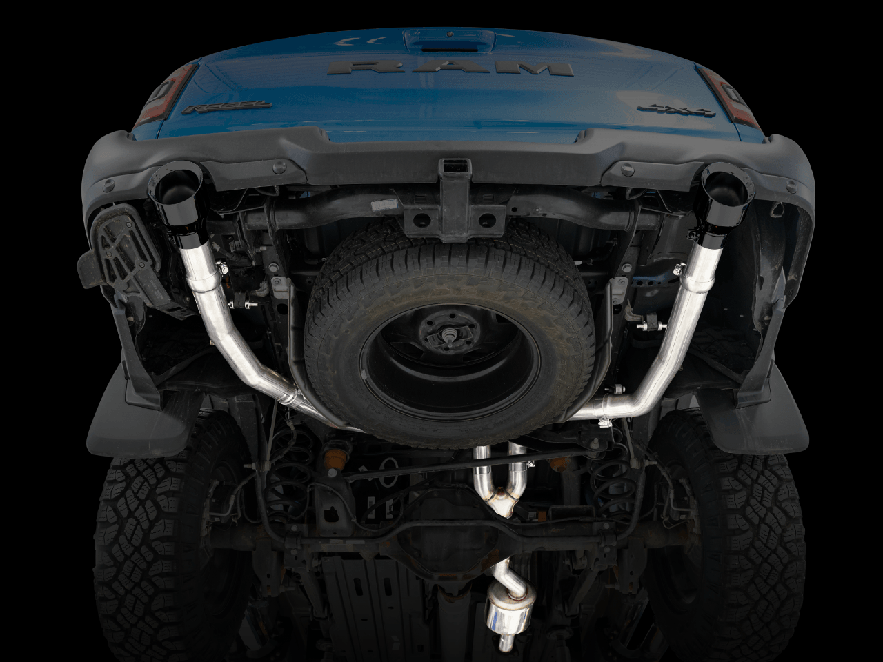 AWE 0FG Dual Rear Exit Catback Exhaust for 5th Gen RAM 1500 5.7L (with bumper cutouts) - Diamond Black Tips - Apollo Off-Road