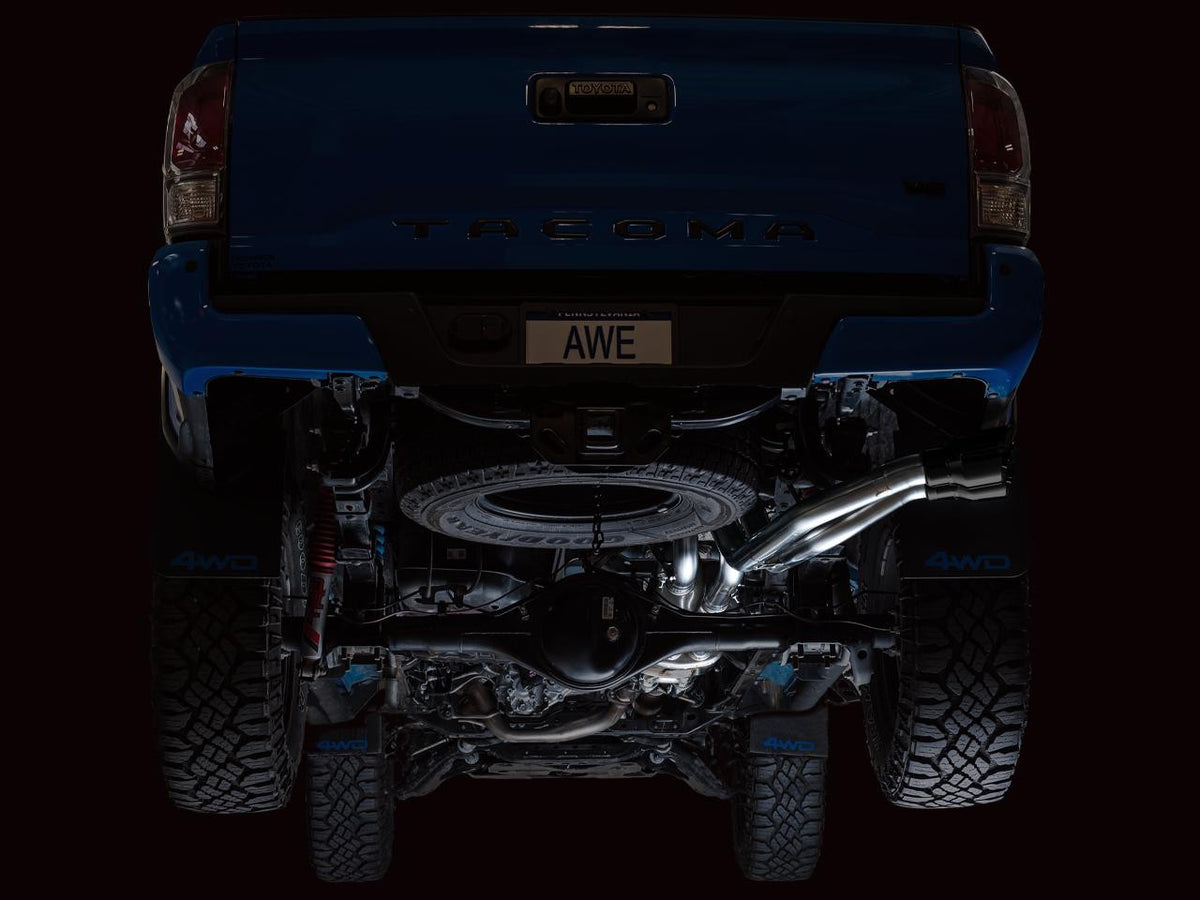 AWE 0FG Exhaust with BashGuard for 3rd Gen Tacoma - Dual Diamond Black Tips - Apollo Off-Road