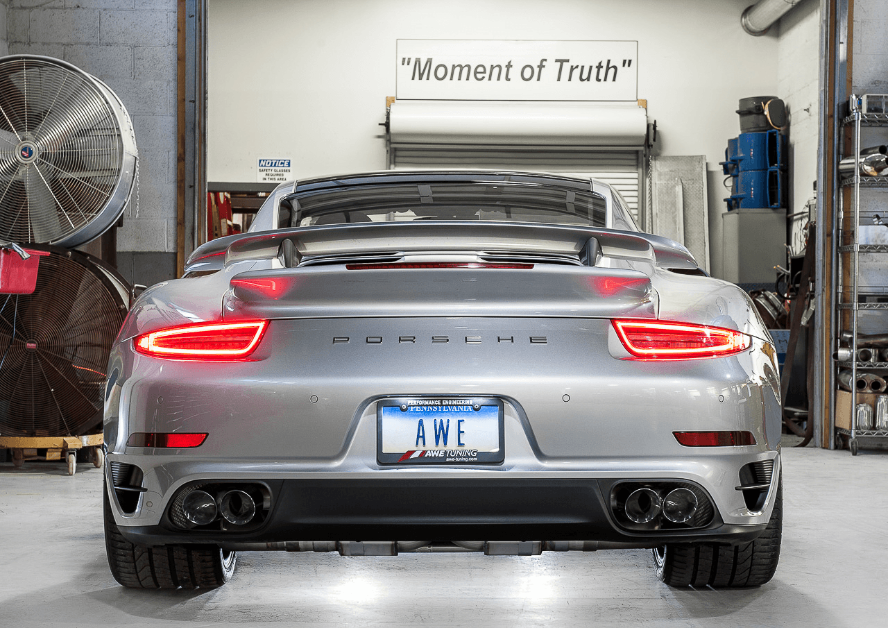 AWE Performance Exhaust and High-Flow Cat Sections for Porsche 991 Turbo - Diamond Black Quad Tips - Apollo Off-Road