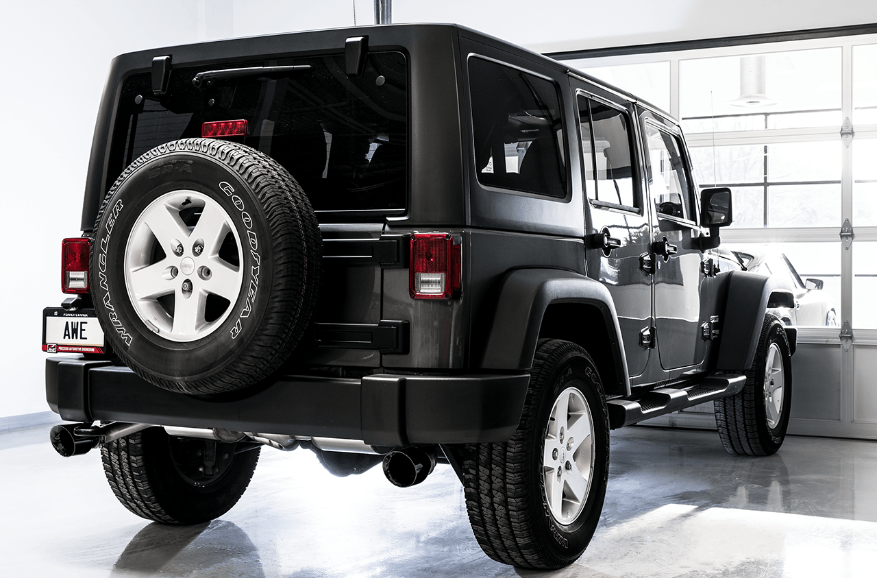 AWE Tread Edition Axleback Dual Exhaust for Jeep JK-JKU 3.6L - Diamond Black Tips - Apollo Off-Road