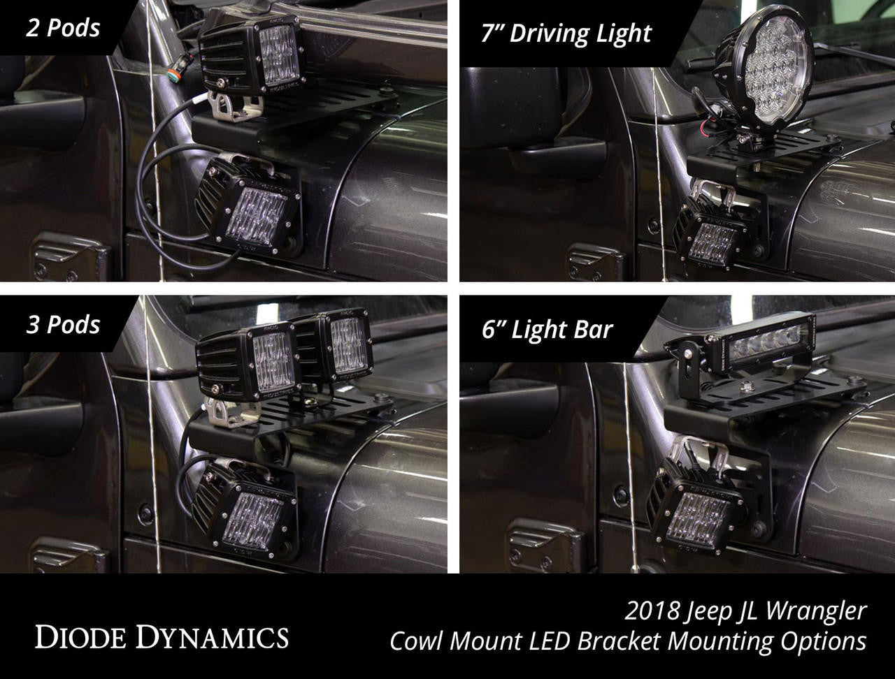 Diode Dynamics SS3 Cowl LED Bracket Kit for 2018-2021 Jeep JL Wrangler-Gladiator, White Sport - Apollo Off-Road